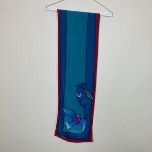 Vintage Silk Scarf Floral Birds unknown Artist Signed Blues Pinks Screenprint